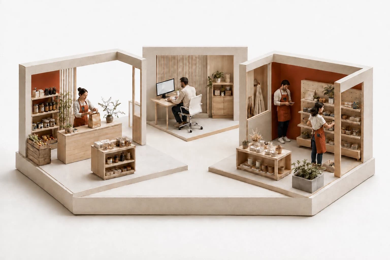 Miniatura dvou obchodů a plánovacího stolu. Oranžové linky propojují počítač vedoucího s telefonem v ruce a dvěma telefony v kapsách zaměstnanců.